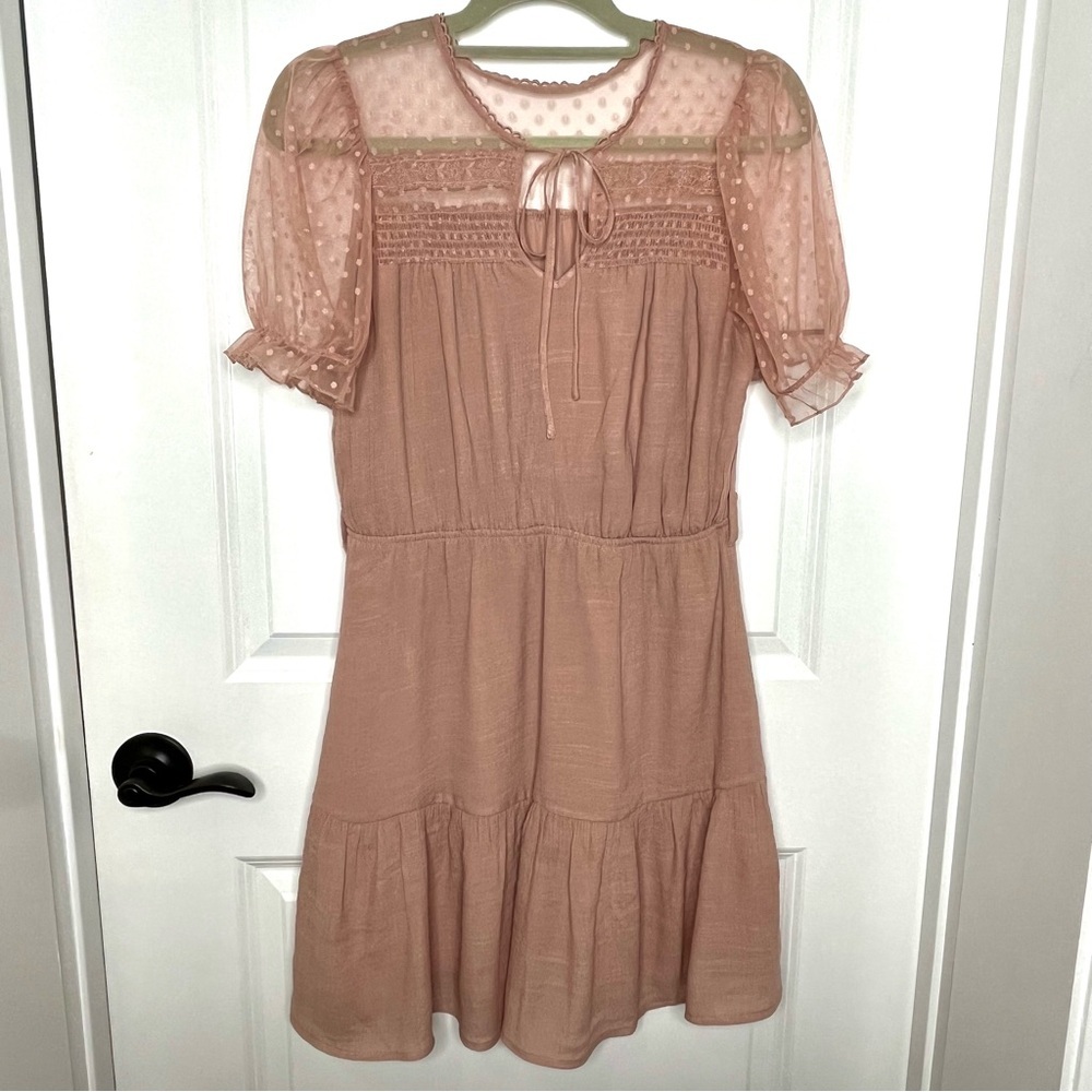 Rose Blush Dress - Embroidered Polka Dot Tulle with Lace and Smocked Top, Size M